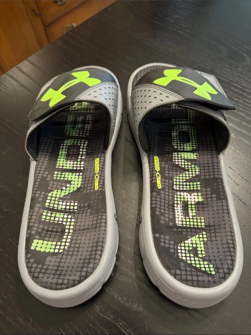 Under Armour Mens Gray Slides with Neon Green Logo